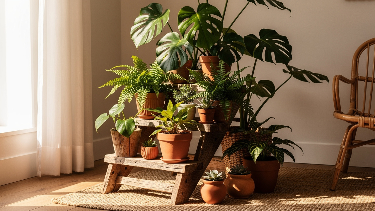 Aquele banquinho quebrado vira um suporte elegante para suas plantas
