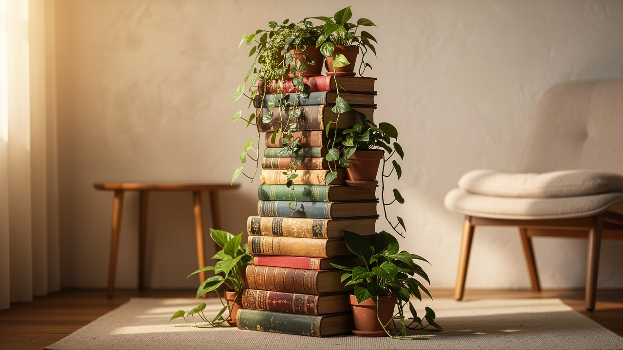 Livros descartados viram estrutura viva para plantas: o upcycling invisível de biblioteca