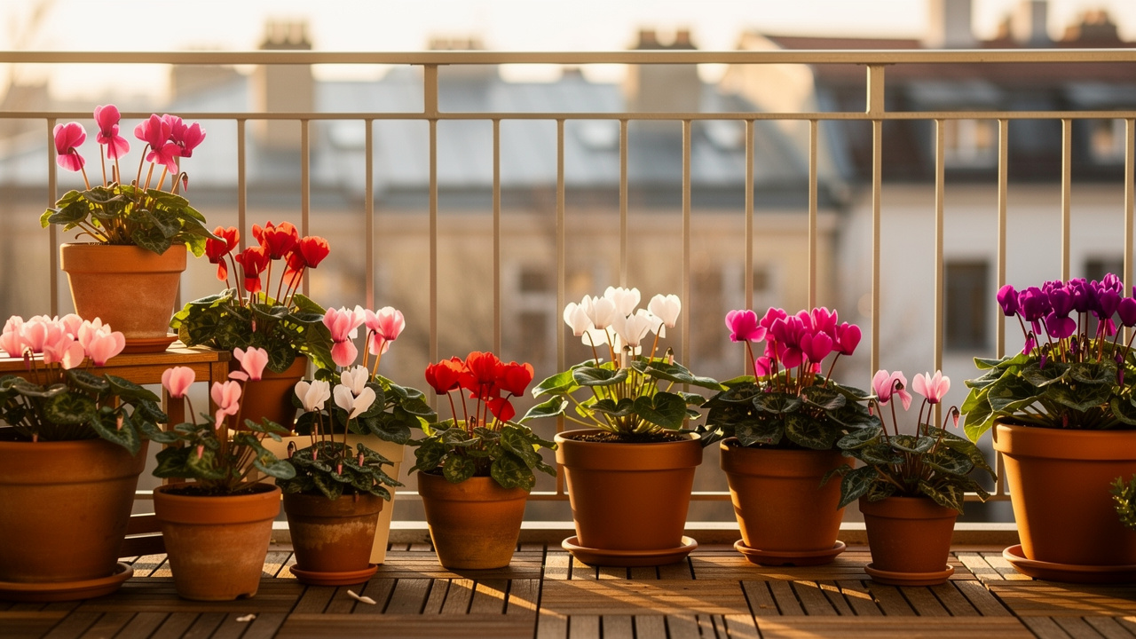 Vasos de plantas coloridas em uma varanda no inverno