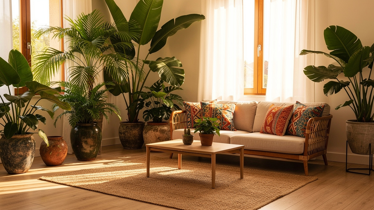 Sala clara decorada com plantas tropicais grandes em vasos de cerâmica